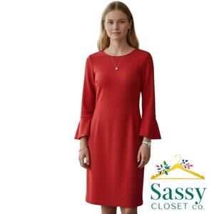 Chico’s Red 3/4 Sleeve Sheath Dress Back Zip Stretch Knit Size 1 (US M) EUC